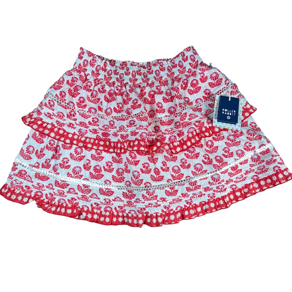 Roller Rabbit Floral Tiered Skort Girls M Red Lavender White Ladder Lace New